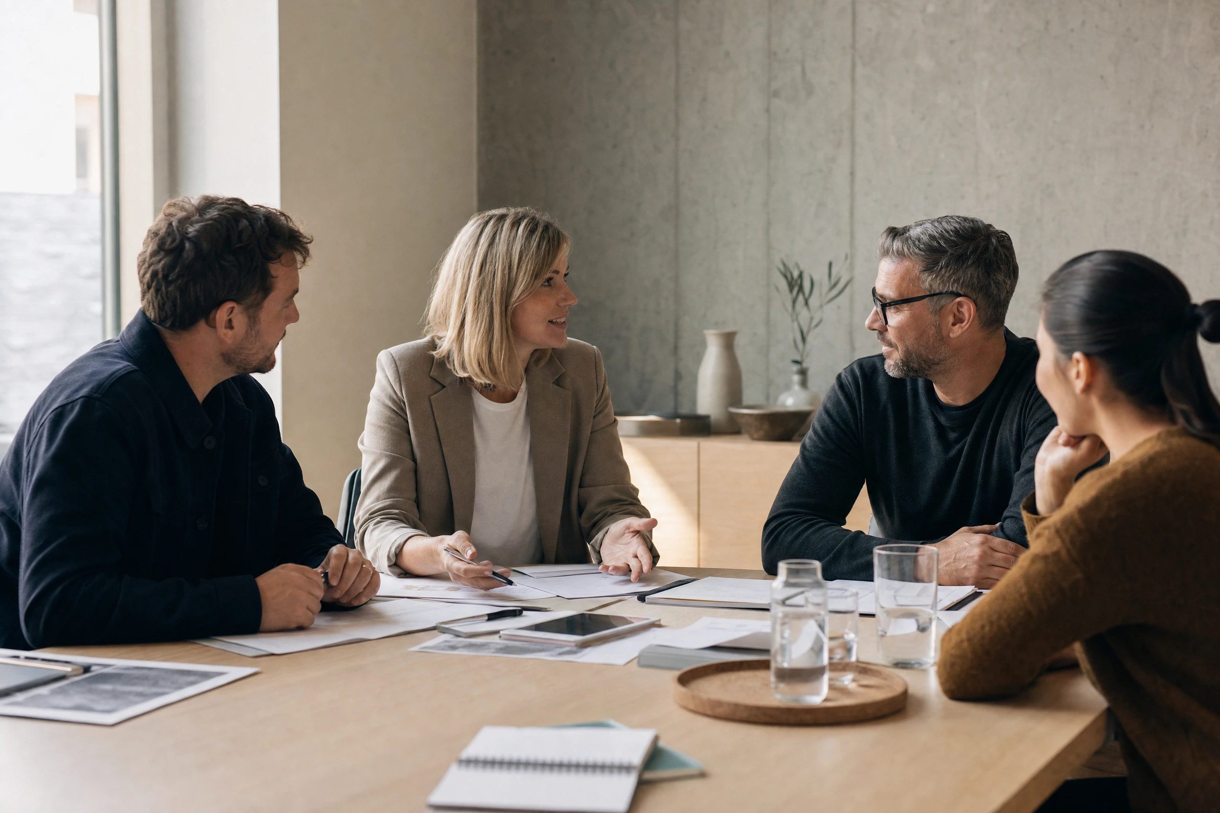 AI illustration of four adults discussing documents around a table.