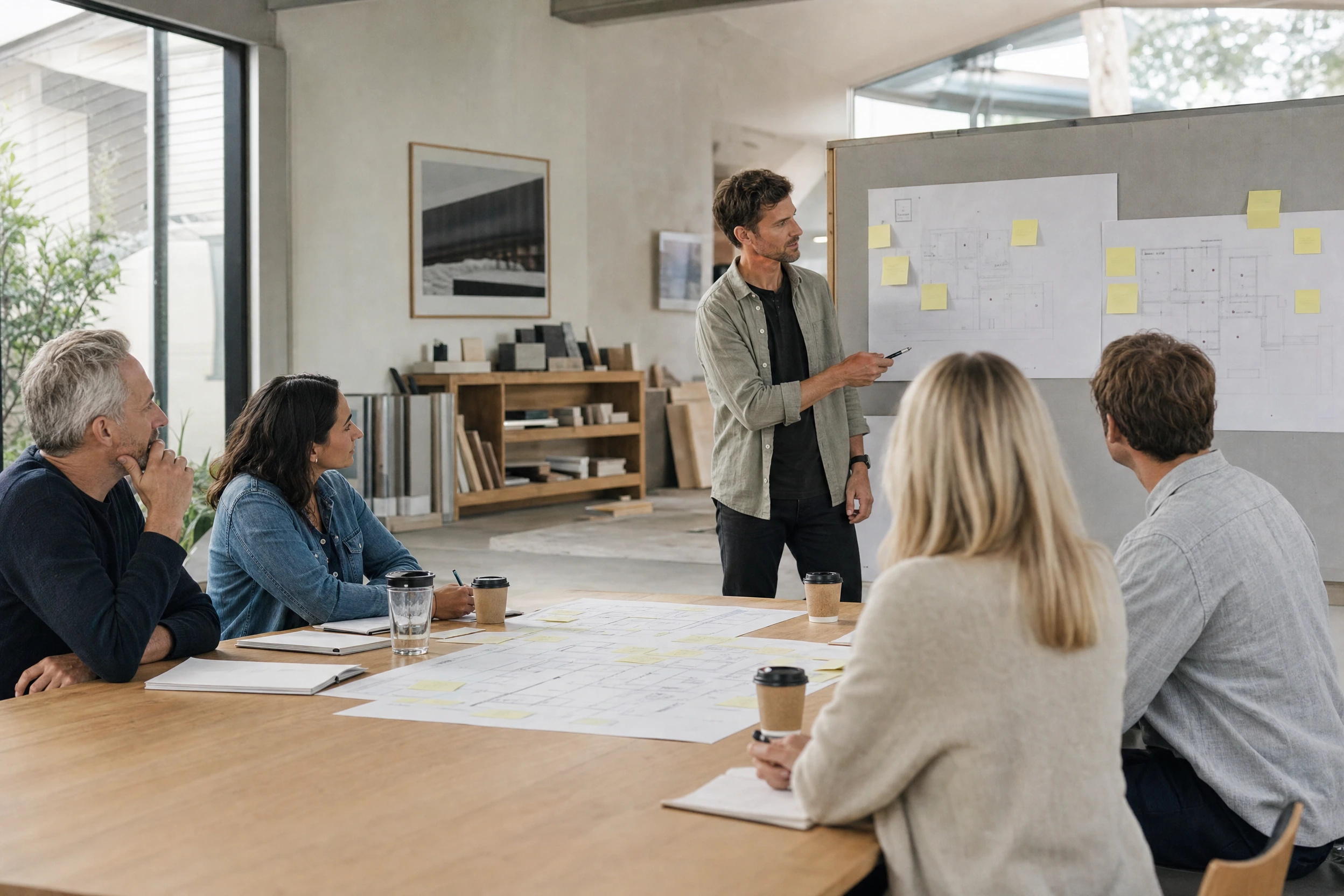 AI illustration of a group reviewing a plan on a board.